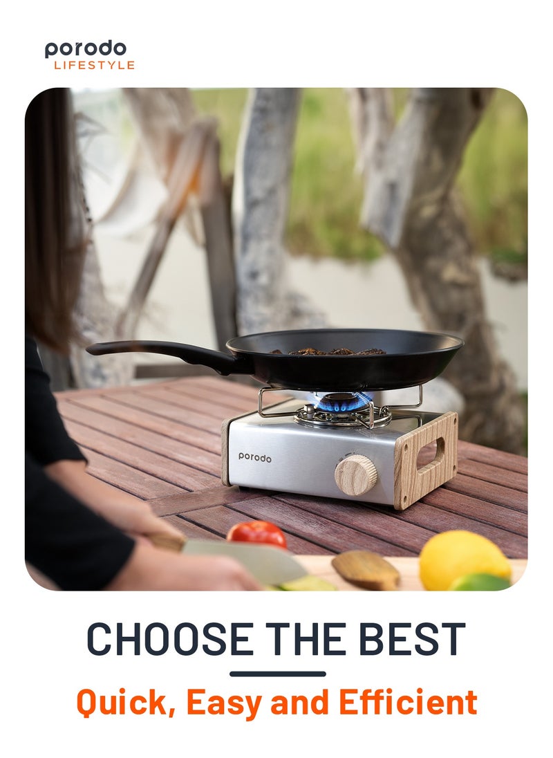 porodo - Camping Portable Single Burner Gas Stove with High Combustion 2800W Power and 4 Flame Adjustment / Electric Ignition / for Outdoor and Travel - Light Brown - Image 1