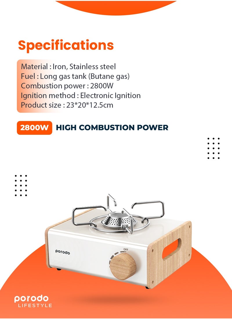 porodo - Camping Portable Single Burner Gas Stove with High Combustion 2800W Power and 4 Flame Adjustment / Electric Ignition / for Outdoor and Travel - Light Brown - Image 1