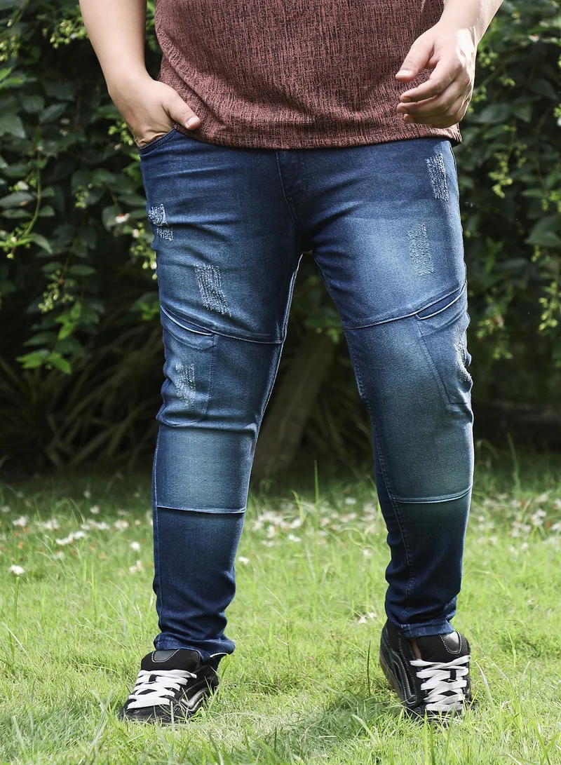انستافاب بلس Instafab Plus Men's Navy Blue Dark-Wash Panelled Denim Jeans For Casual Wear | Mid-Rise | Skinny Fit | Button Closure | Plus Size Denim Jeans Crafted With Comfort Fit For Everyday Wear