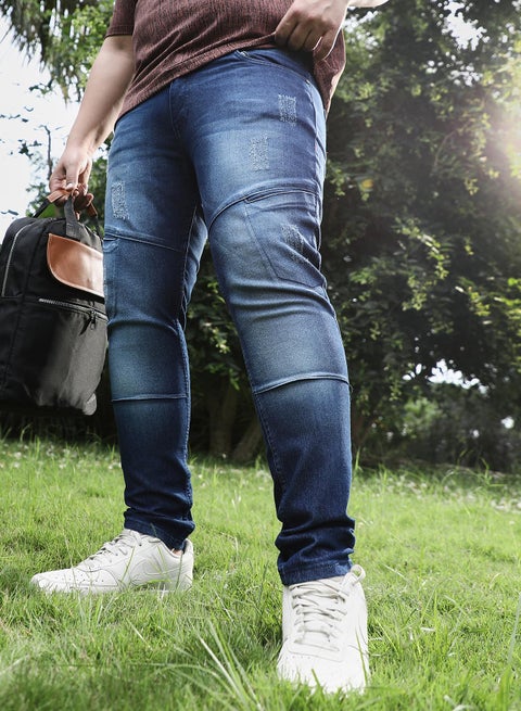 جينز رجالي أزرق داكن بقصة ضيقة وخصر متوسط من قماش الدينم المبطن، مقاس كبير، مريح للارتداء اليومي