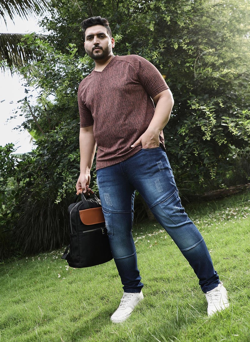 جينز رجالي أزرق داكن بقصة ضيقة وخصر متوسط من قماش الدينم المبطن، مقاس كبير، مريح للارتداء اليومي