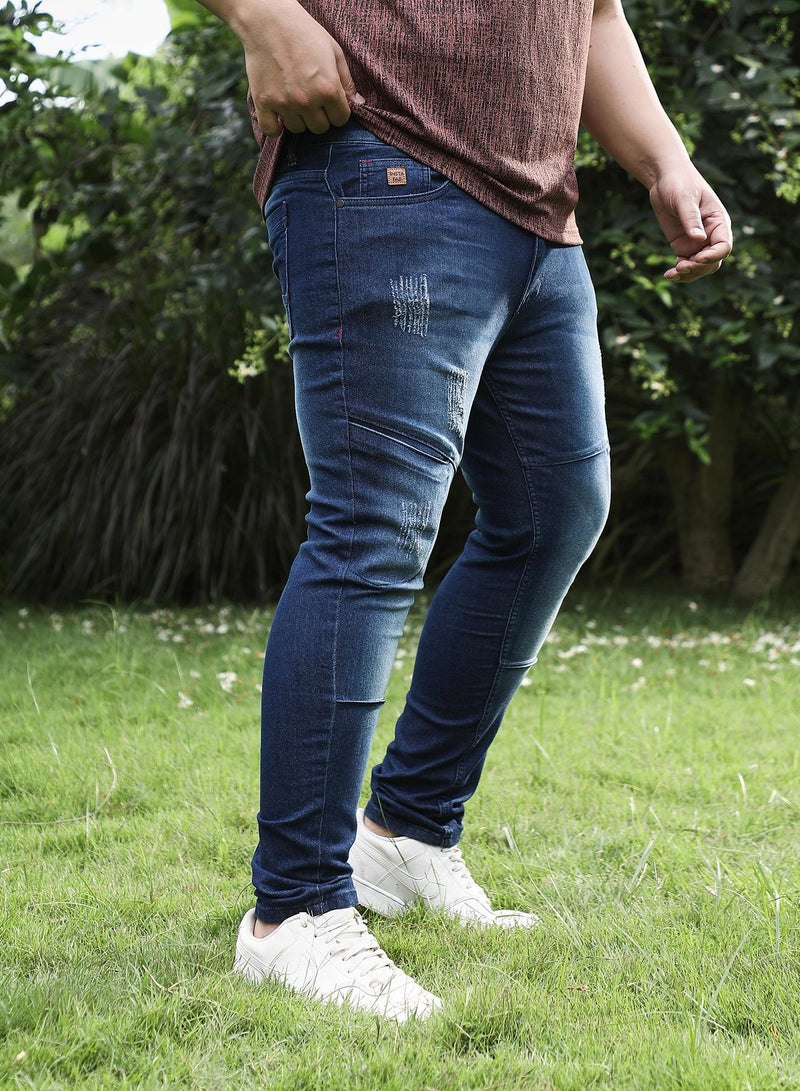 Instafab Plus Instafab Plus Men's Navy Blue Dark-Wash Panelled Denim Jeans For Casual Wear | Mid-Rise | Skinny Fit | Button Closure | Plus Size Denim Jeans Crafted With Comfort Fit For Everyday Wear - Image 3