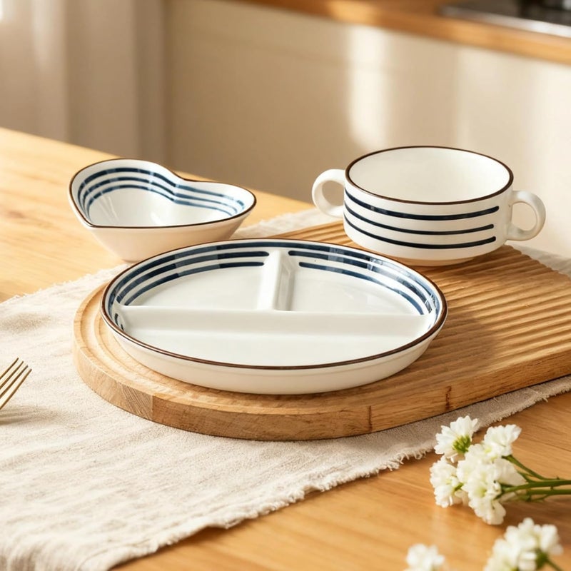Ceramic Dinnerware Set, 3-Piece Japanese Style Divided Plate, Bowl, Cup - Image 4