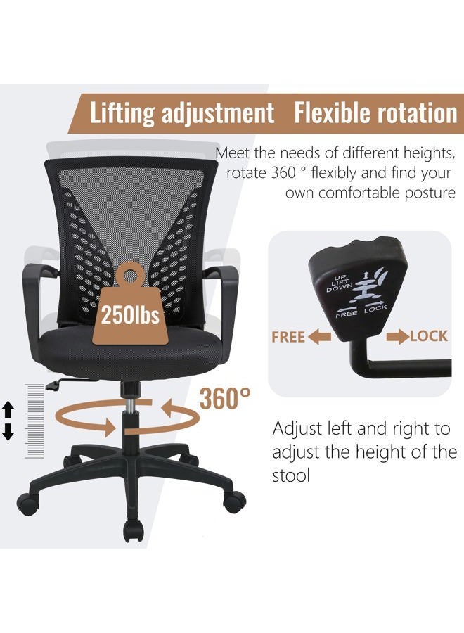 FDW Home Office Chair Mid Back PC Swivel Lumbar Support Adjustable Desk Task Computer Ergonomic Comfortable Mesh Chair with Armrest (Black) - Image 3