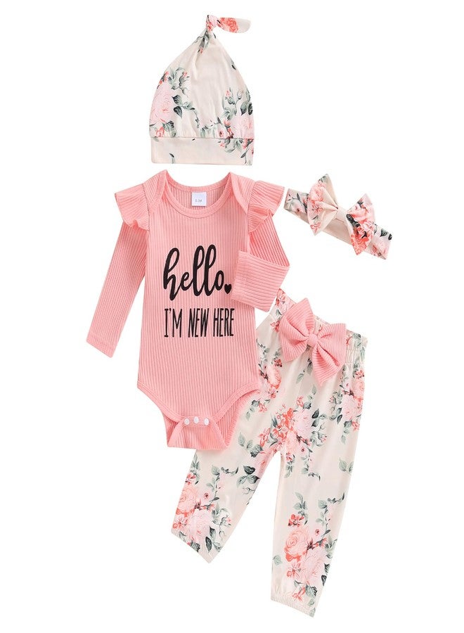 wybzd Im New Here Newborn Outfit Girl Boy Coming Home Clothes Ribbed Long Sleeve Romper Top Floral Pants Set 4pcs (A Pink New Here, 0-3 Months) - Image 1