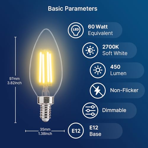 FLSNT 60W Equivalent LED Chandelier Light Bulbs, Dimmable, E12 Base, Clear B11 LED Filament Candelabra Bulbs, 2700K Soft White, 6 Pack - Image 2