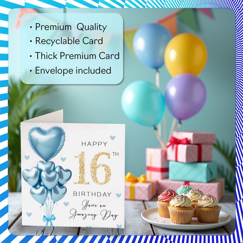 Stuff4 بطاقات عيد الميلاد السادس عشر للأولاد من Stuff4 - بالونات لامعة زرقاء - بطاقة عيد ميلاد سعيد لصبي يبلغ من العمر 16 عامًا وابن أخ عظيم وابن عم غودسون 5.7 بوصة بطاقات تهنئة بعيد الميلاد - Image 3