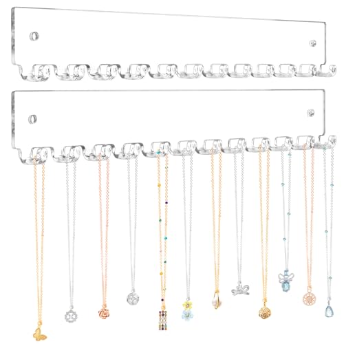 milylove Acrylic Necklace Holder 2 Pack Wall Mounted Necklace Organizer Hanging Jewelry Organizer with 12 Hooks for Necklaces, Bracelets, Rings and Bangles Display - Image 1