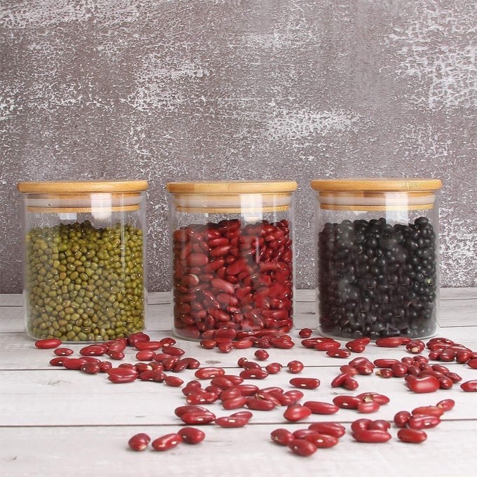 GLASS STORAGE CONTAINER WITH WOOD LID STACKABLE CLEAR DECORATIVE ORGANIZER BOTTLE CANISTER PANTRY JAR WITH AIR TIGHT WOODEN LID FOR FOOD COFFEE CANDY SUGAR SALT TEA CLEAR PACK OF 3