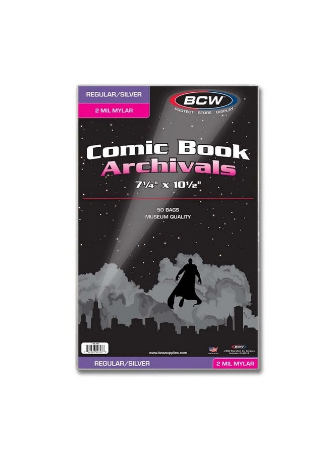 BCW Archival Storage Bags For Silver Age/Regular Comic Books - 50 Pack | 7 1/4" X 10 1/2" | 2 Mil Mylar Comic Book Sleeves | Clear Polyester - Image 1