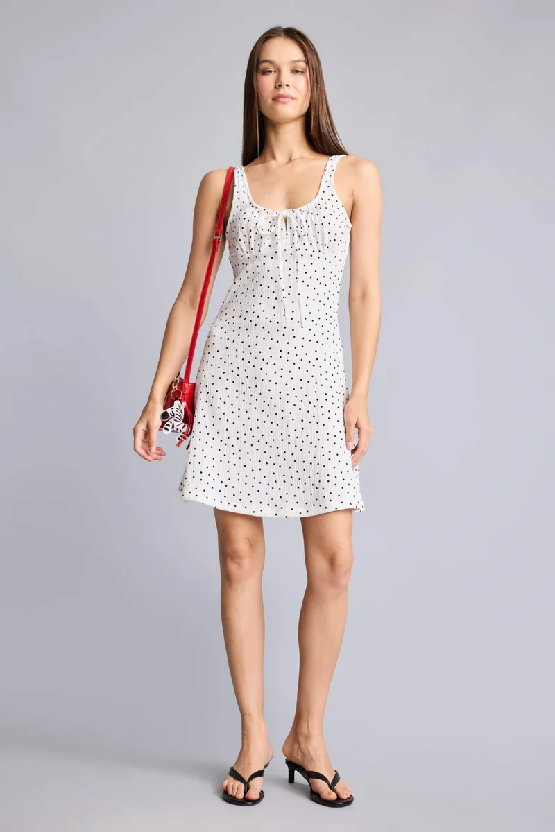 ديفاكتو Crepe Neck Wrinkled Textured Strappy Polka Dot Mini Dress