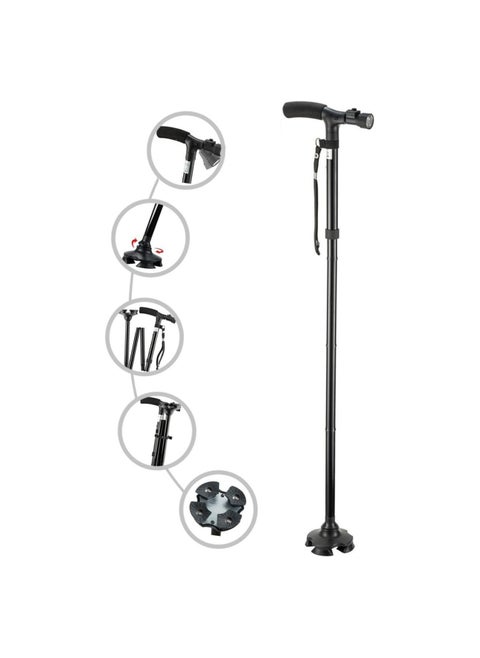 Folding Cane with Led Light, Adjustable Canes for Men and Women, Walking Stick for Elderly with Cushion Handle and Pivoting Quad Base for Hiking Mountain Climbing Backpacker