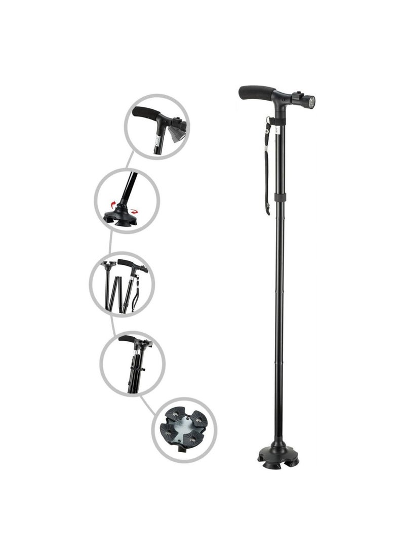 Bukela - Folding Cane with Led Light, Adjustable Canes for Men and Women, Walking Stick for Elderly with Cushion Handle and Pivoting Quad Base for Hiking Mountain Climbing Backpacker - Image 1