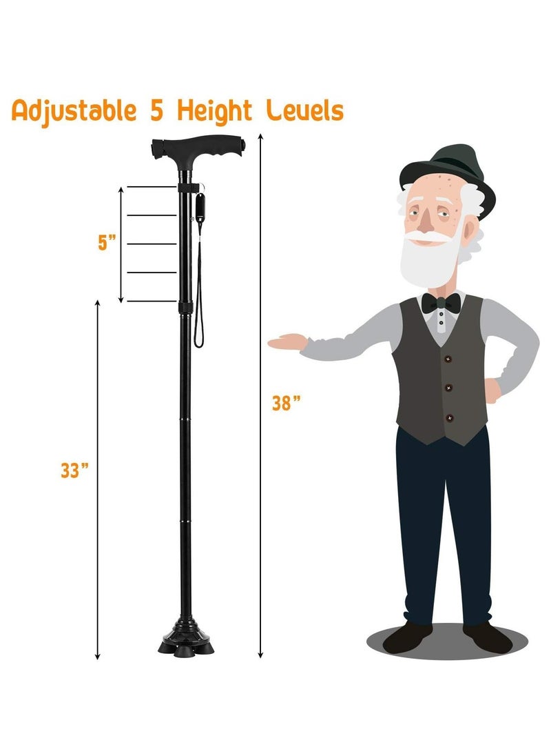 Bukela - Folding Cane with Led Light, Adjustable Canes for Men and Women, Walking Stick for Elderly with Cushion Handle and Pivoting Quad Base for Hiking Mountain Climbing Backpacker - Image 1