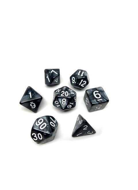 Marble Swirl Polyhedral Dice Set - 7 Piece Dice Set with One D20, D12, D10, D8, D6, D4, and D00 (Black Marble with White Font)