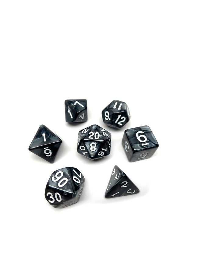 Easy Roller Dice Co. Marble Swirl Polyhedral Dice Set - 7 Piece Dice Set with One D20, D12, D10, D8, D6, D4, and D00 (Black Marble with White Font)  - Image 1