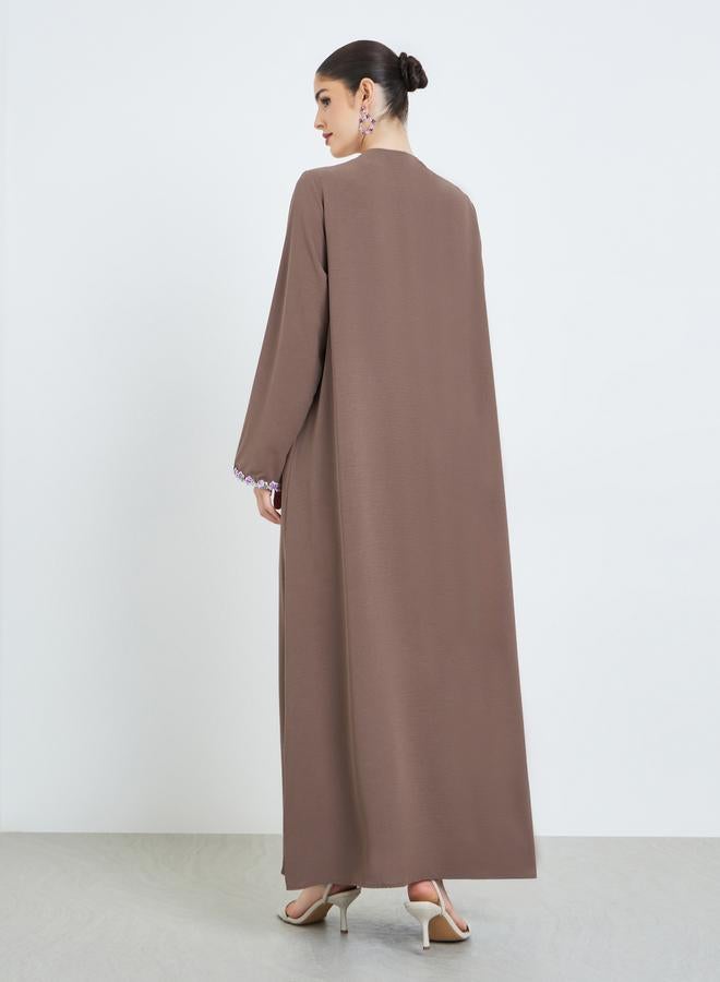 Amirah Brown Front Open Abaya with Floral Trim - Image 3