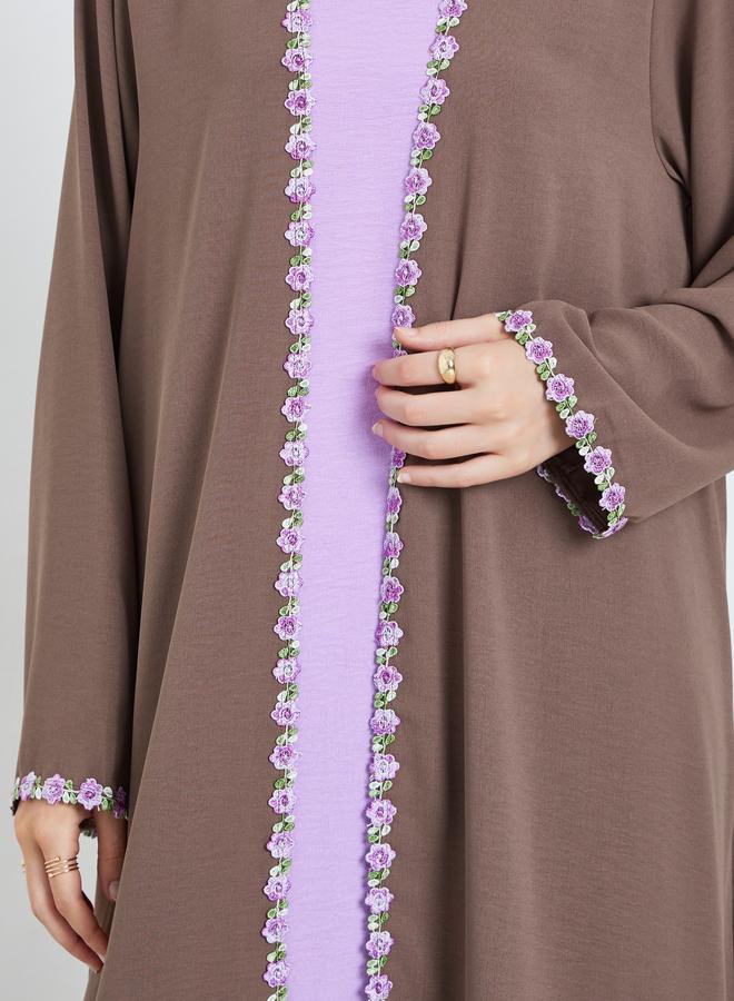 Amirah Brown Front Open Abaya with Floral Trim - Image 4