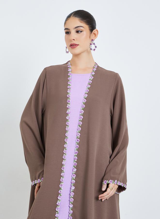 Amirah Brown Front Open Abaya with Floral Trim - Image 2