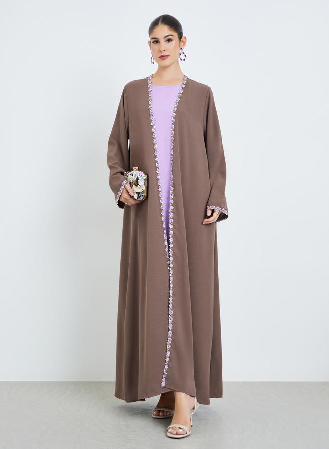 Amirah Brown Front Open Abaya with Floral Trim - Image 1