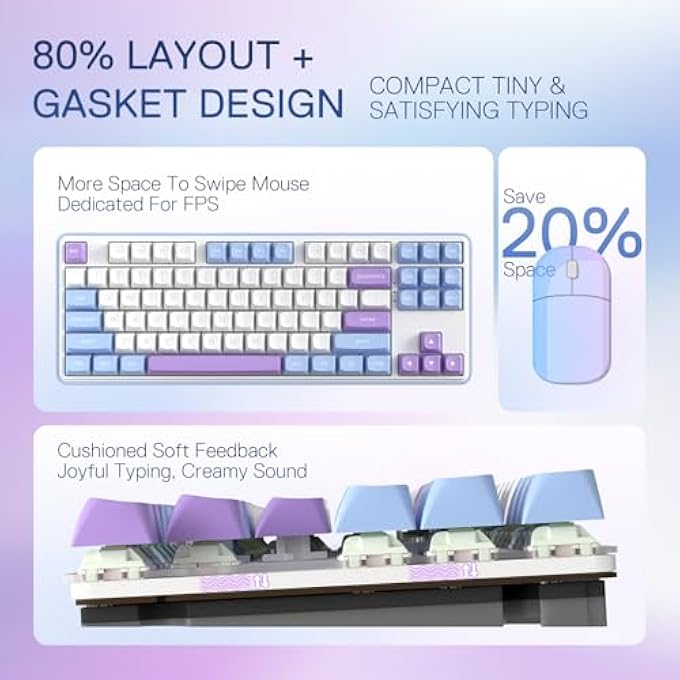 rayihni K707 PRO 80% WIRELESS GASKET RGB GAMING KEYBOARD, 3 MODE 87 KEYS TKL MECHANICAL KEYBOARD, ROUND PBT KEYCAPS & 5-LAYER NOISE CANCELLATION, CUSTOM LINEAR SWITCH - Image 3