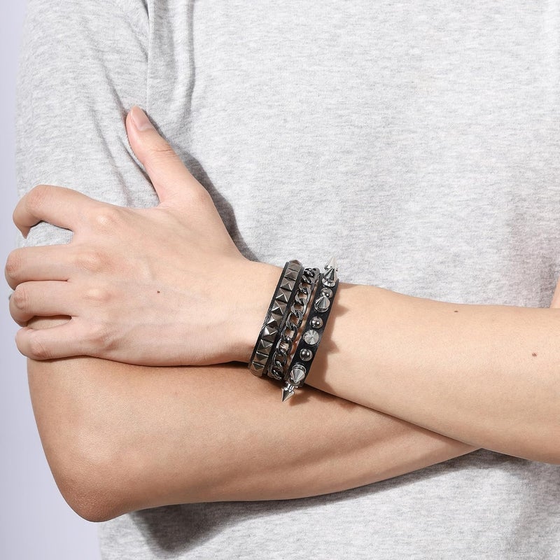 Mafnee Store Mens Bracelet Braided Leather Punk Rock Cuff Bracelets Wrap Bracelet for Men Women Black - Image 3