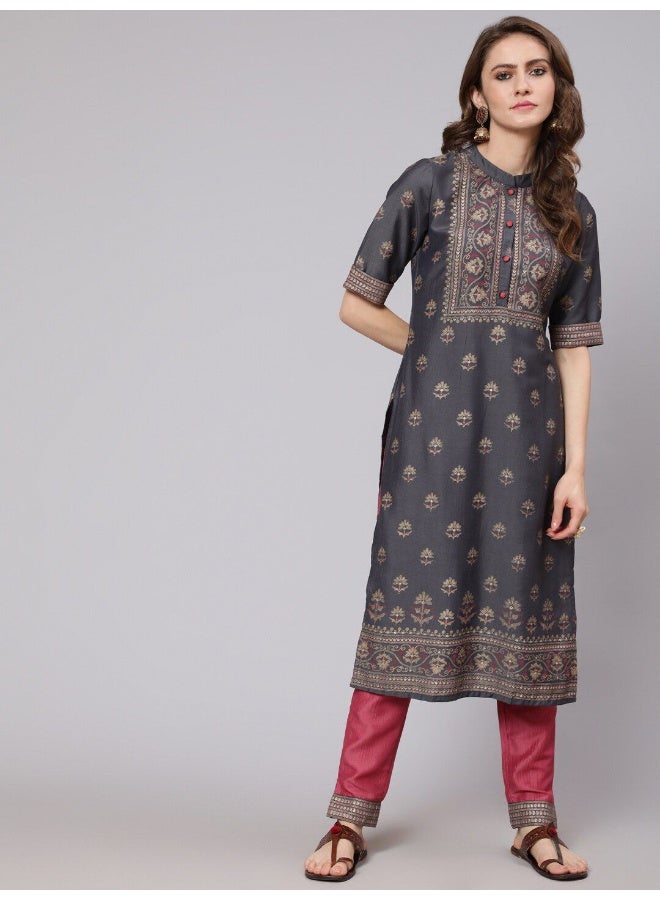 AKS AKS Ethnic Motifs Printed Mandarin Collar Straight Kurta With Trousers  - Image 1