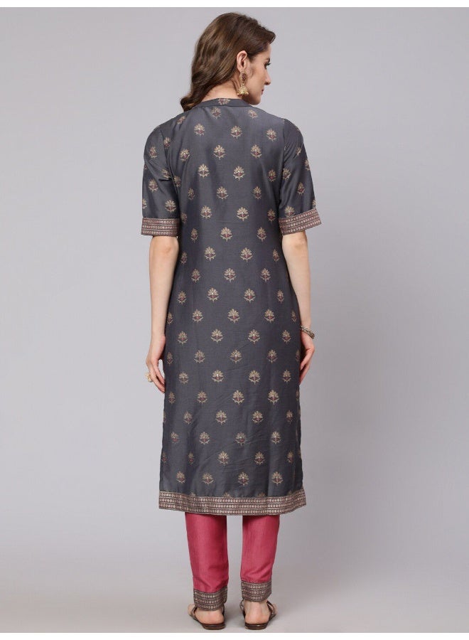 AKS AKS Ethnic Motifs Printed Mandarin Collar Straight Kurta With Trousers  - Image 4