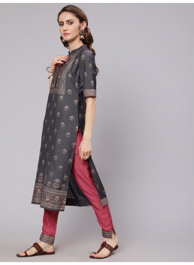 AKS AKS Ethnic Motifs Printed Mandarin Collar Straight Kurta With Trousers  - Image 5