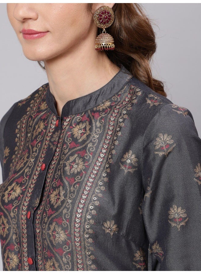 AKS AKS Ethnic Motifs Printed Mandarin Collar Straight Kurta With Trousers  - Image 2