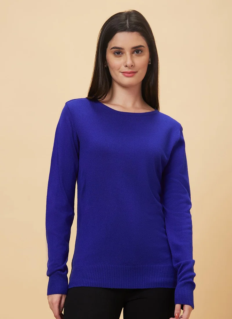globus Globus Women Blue Round Neck Acrylic Sweater