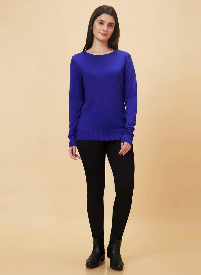 globus Globus Women Blue Round Neck Acrylic Sweater