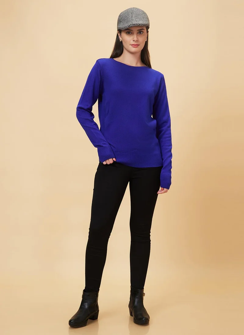 Globus Women Blue Round Neck Acrylic Sweater