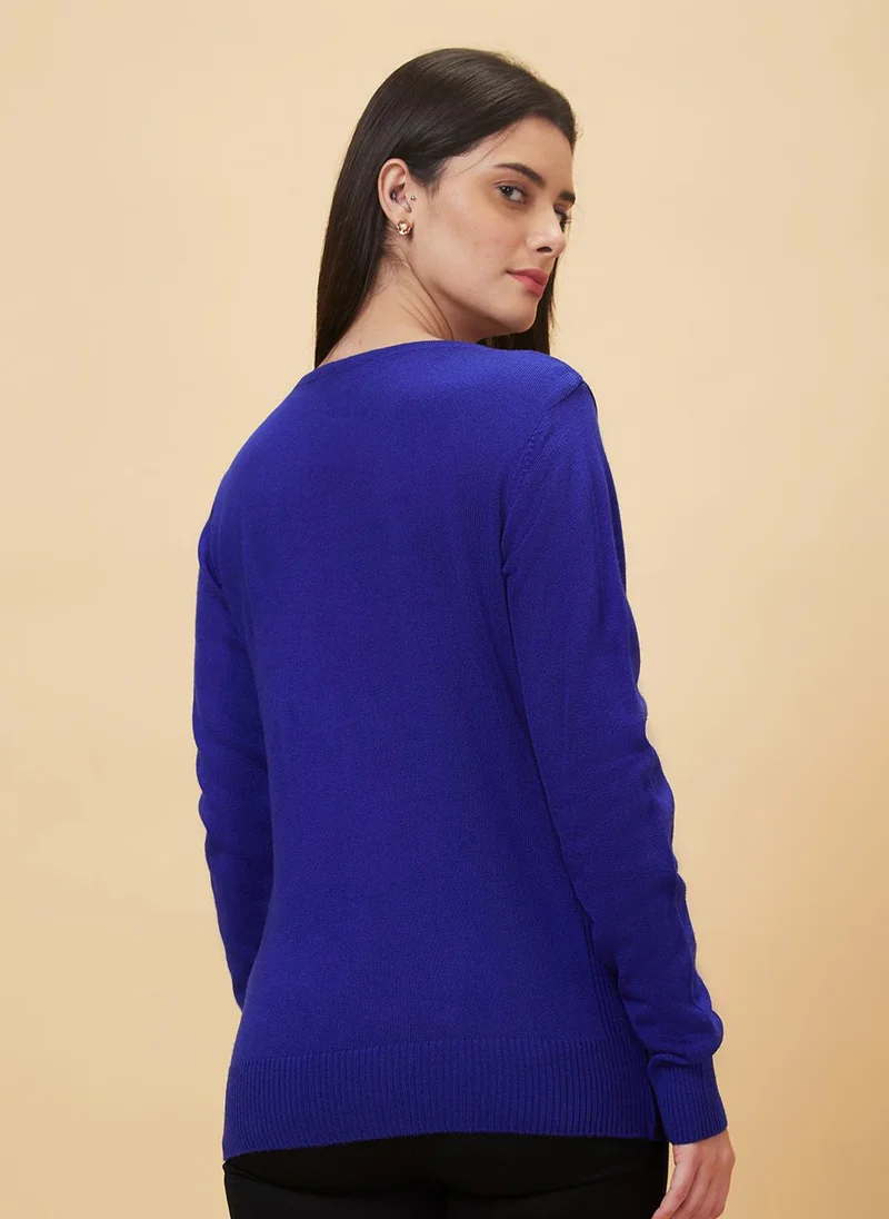 globus Globus Women Blue Round Neck Acrylic Sweater