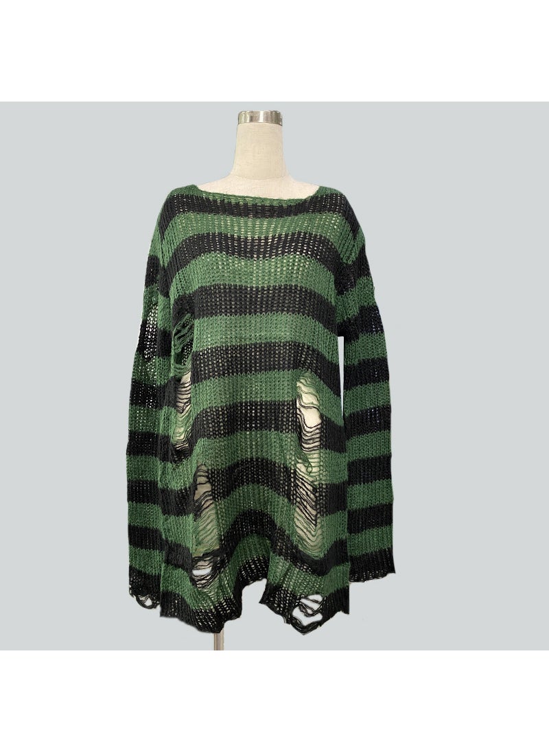 Generic Mohair new European and American Foreign trade loose striped sweater Women's Mid-length pullover ripped thin wool sweater  - Image 1