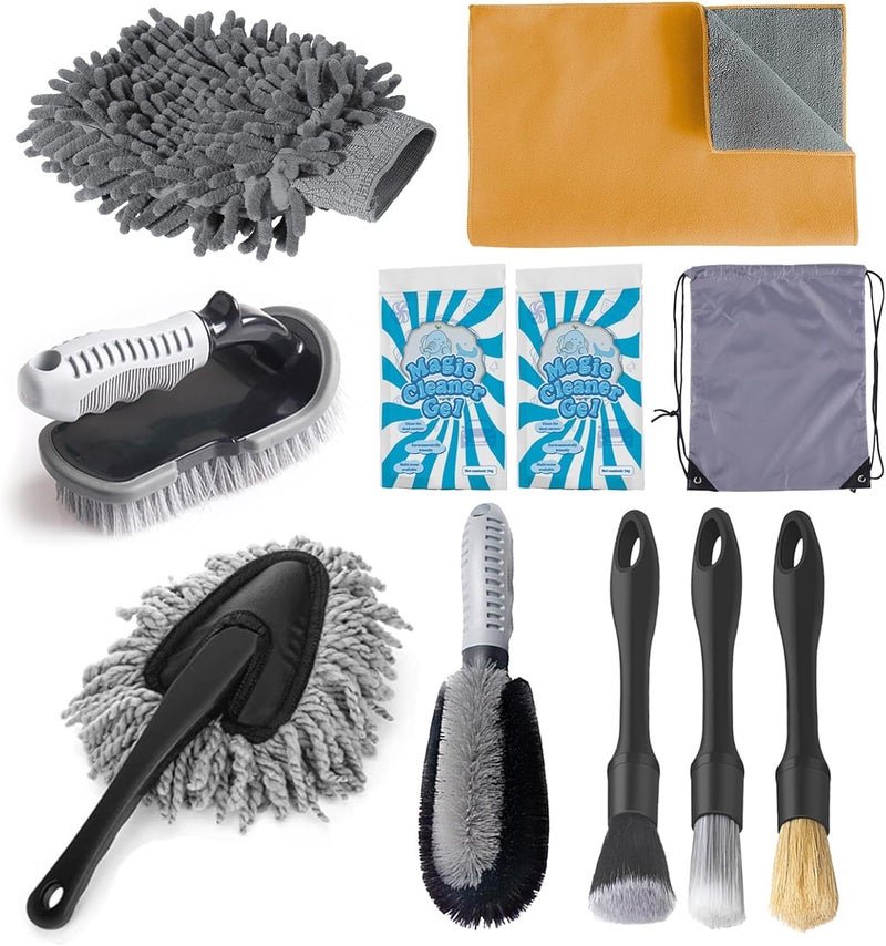 Juformin 10PCS Car Detailing Brush Set - Multi-Functional Brushes with Microfiber Suede Towel & Natural Cleaning Gel, Complete Car Interior & Exterior Detailing Kit - Image 1