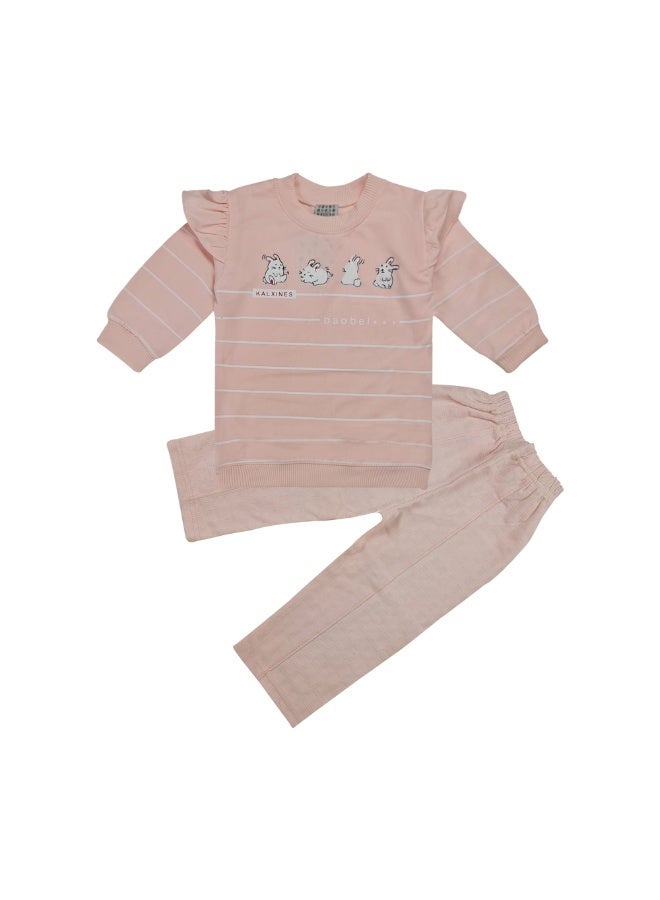 KALXINES Girls Cotton Loungewear Set,Ruffle Sleeve Striped Top with Bunny Print and Textured Pants,Casual Wear,Age 3 to 6 Year - Image 1