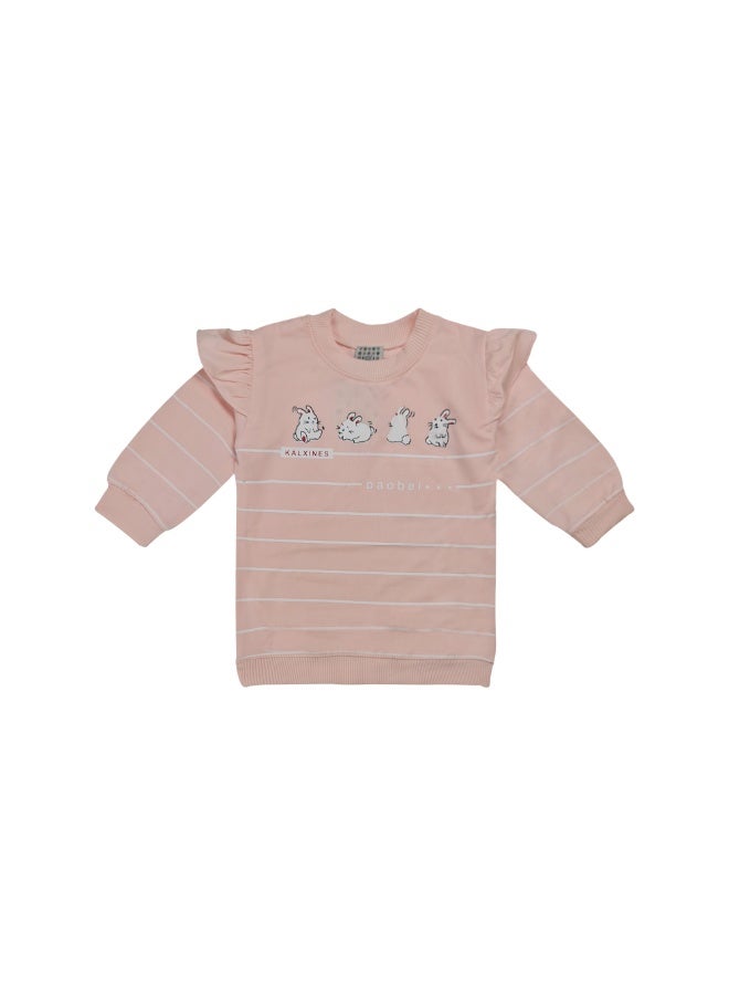 KALXINES Girls Cotton Loungewear Set,Ruffle Sleeve Striped Top with Bunny Print and Textured Pants,Casual Wear,Age 3 to 6 Year - Image 2