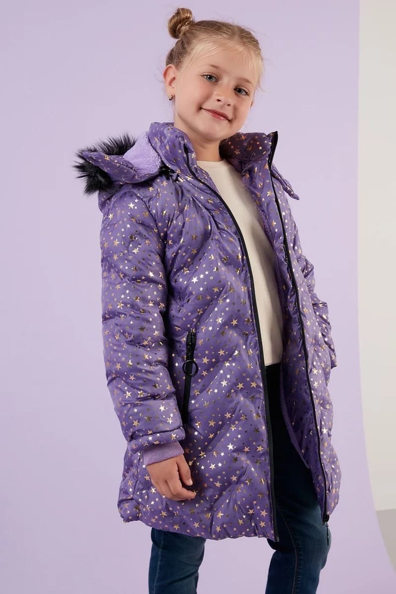 ليلا Collar Faux Fur Star Pattern Removable Hooded Plush Lined Winter Coat Girl's Coat 5760050