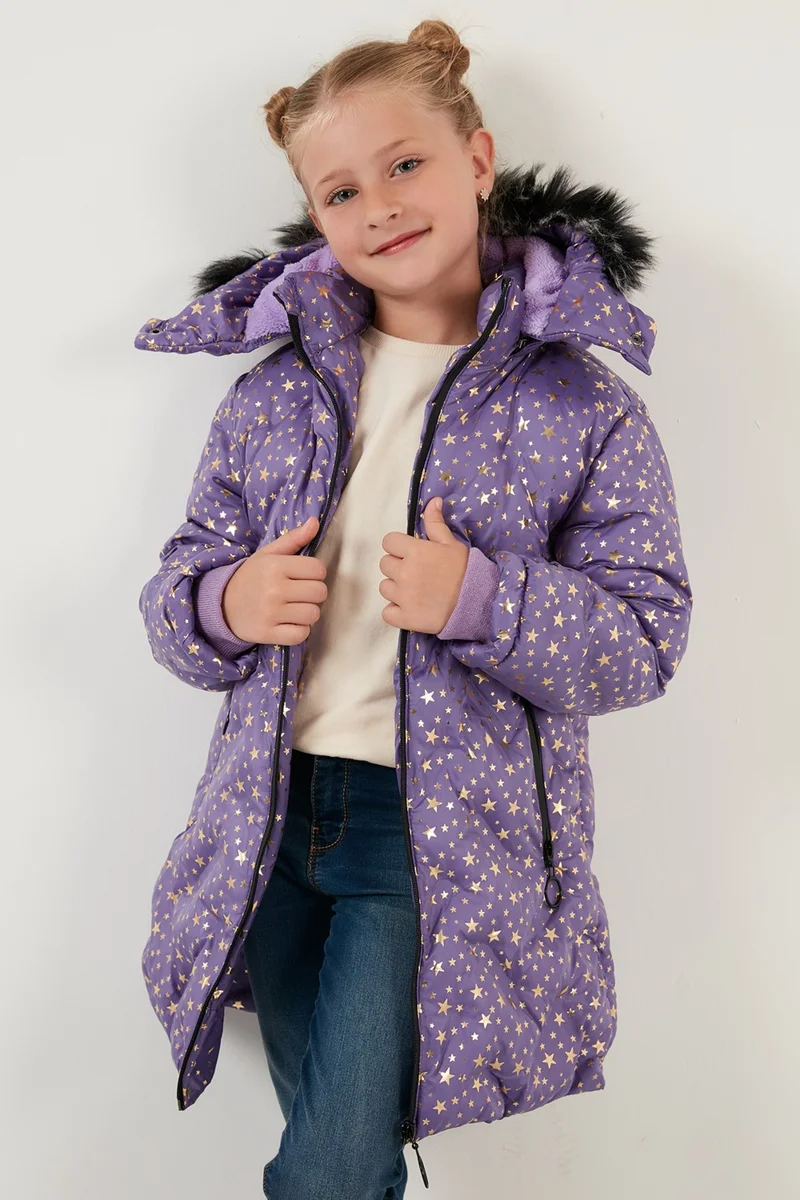 ليلا Collar Faux Fur Star Pattern Removable Hooded Plush Lined Winter Coat Girl's Coat 5760050