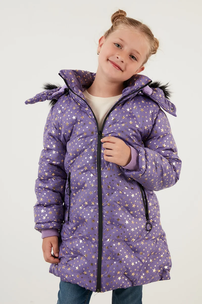 ليلا Collar Faux Fur Star Pattern Removable Hooded Plush Lined Winter Coat Girl's Coat 5760050
