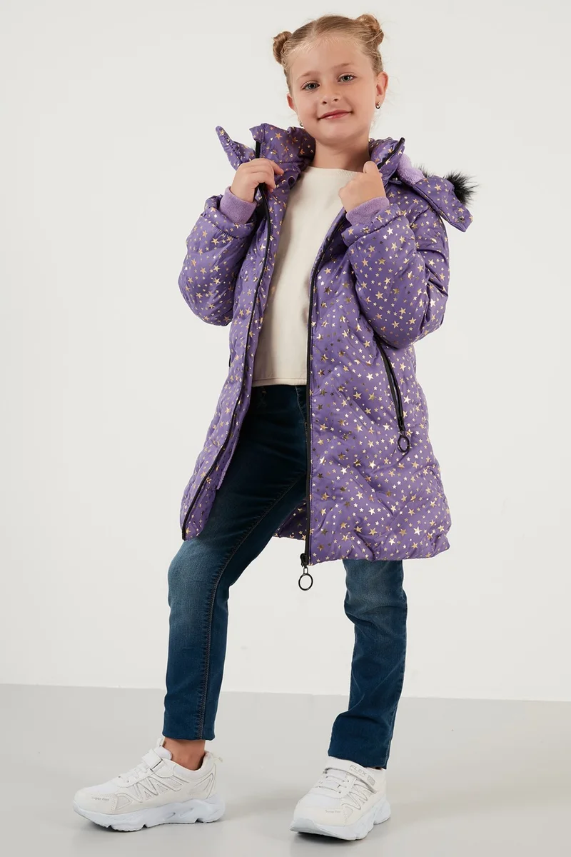 ليلا Collar Faux Fur Star Pattern Removable Hooded Plush Lined Winter Coat Girl's Coat 5760050