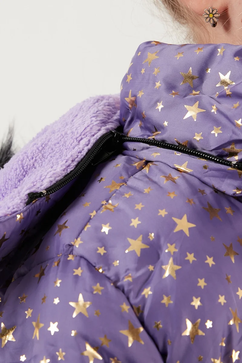 ليلا Collar Faux Fur Star Pattern Removable Hooded Plush Lined Winter Coat Girl's Coat 5760050