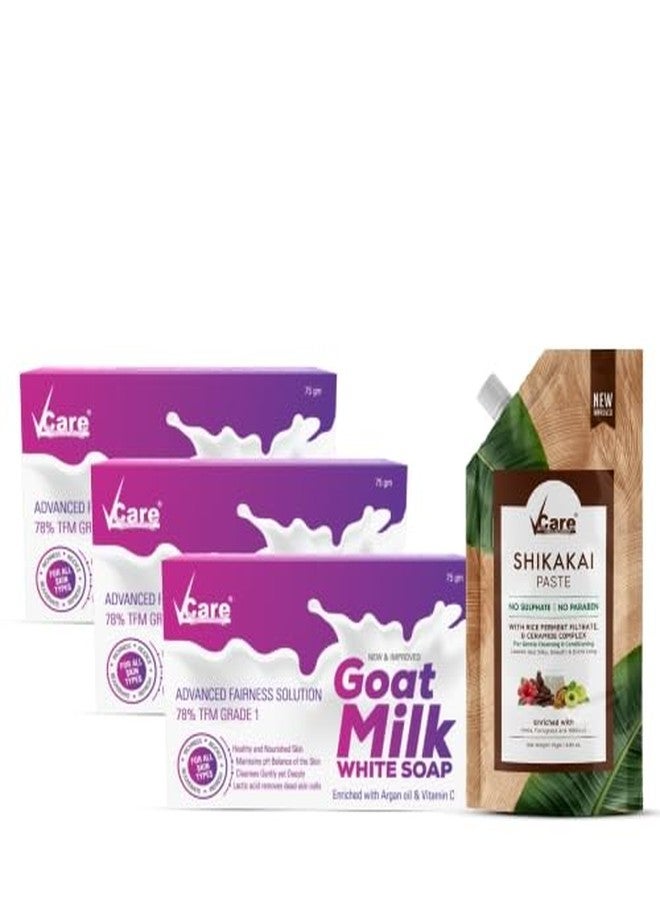 VCare Goat Milk White Soap 75g Pack of 3 & Shikakai Paste 75g Combo | With Argan Oil, Vitamin C & Natural Herbs | Gentle Cleansing & Conditioning Care for Smooth Skin & Healthy Hair - Image 1