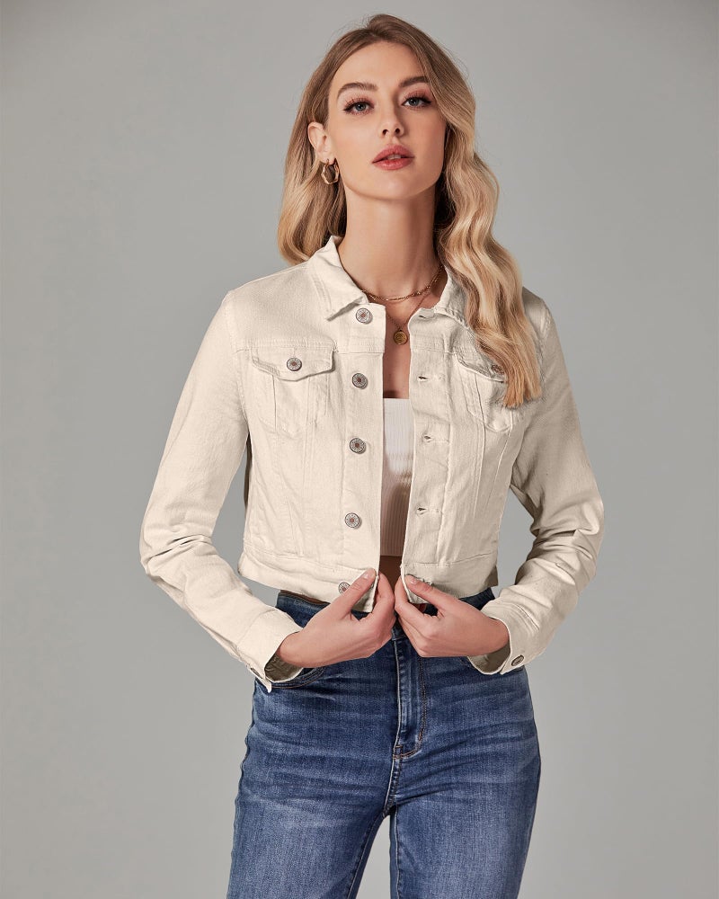 Luvamia Women's Fashion Long Sleeve Button Down Stretchy Denim Cropped Jacket - Cute Spring Jacket in Light Beige, Size Medium (Fits Size 8/10) - Image 5