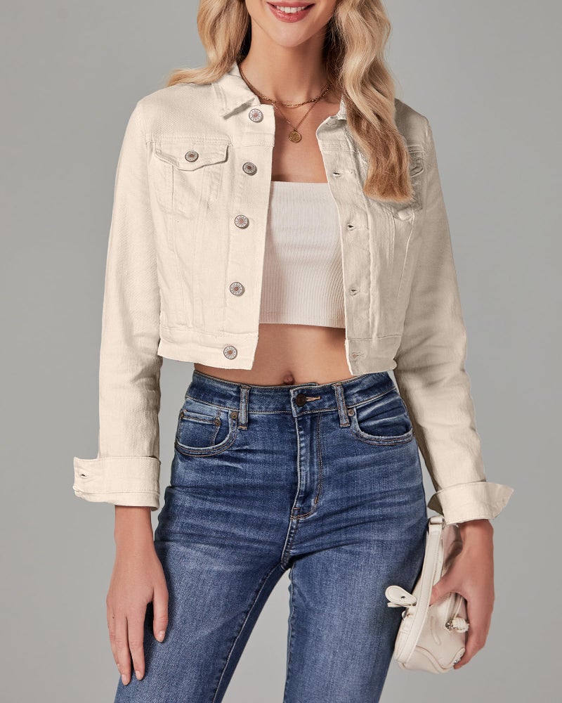 Luvamia Women's Fashion Long Sleeve Button Down Stretchy Denim Cropped Jacket - Cute Spring Jacket in Light Beige, Size Medium (Fits Size 8/10) - Image 2