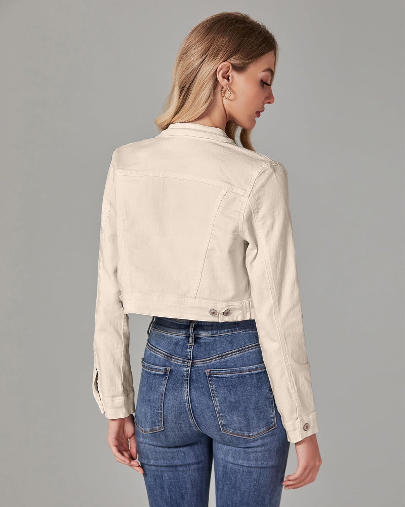 Luvamia Women's Fashion Long Sleeve Button Down Stretchy Denim Cropped Jacket - Cute Spring Jacket in Light Beige, Size Medium (Fits Size 8/10) - Image 3