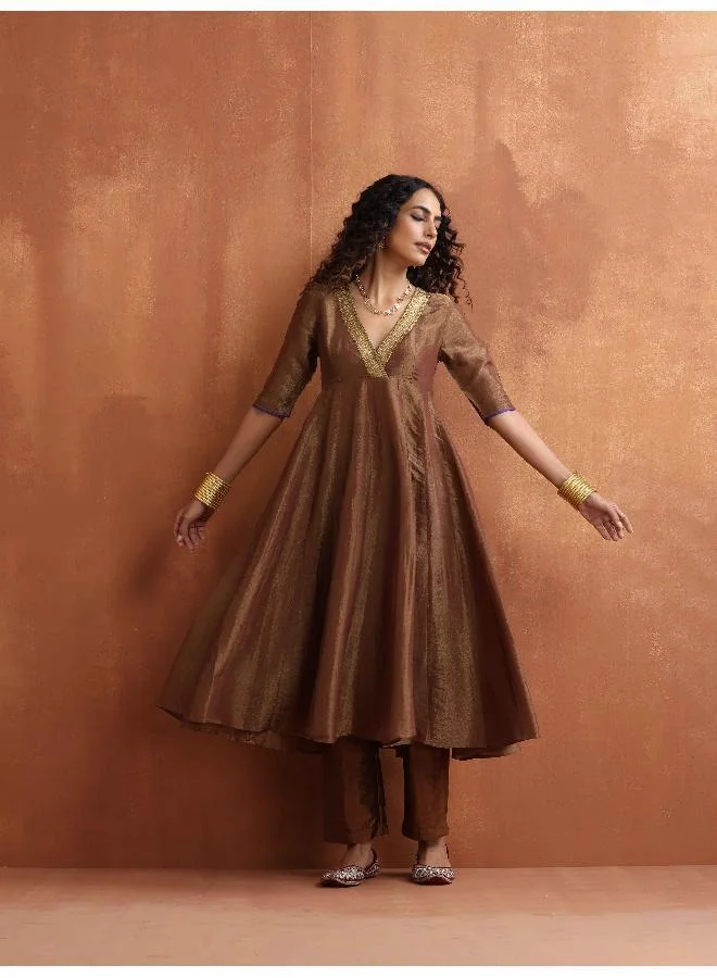 trueBrowns Bronze Tissue Flared Anarkali Kurta Set