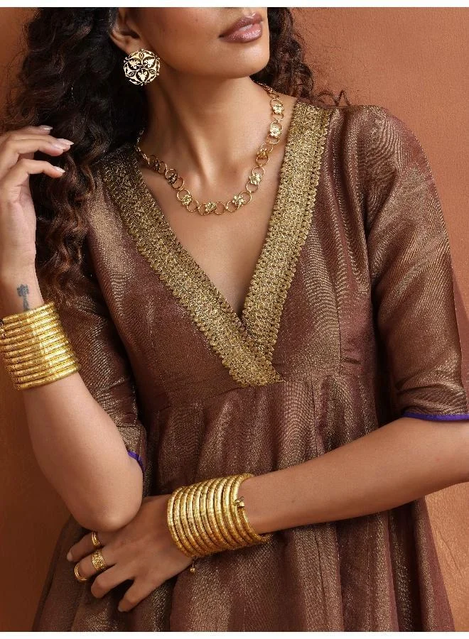 trueBrowns Bronze Tissue Flared Anarkali Kurta Set