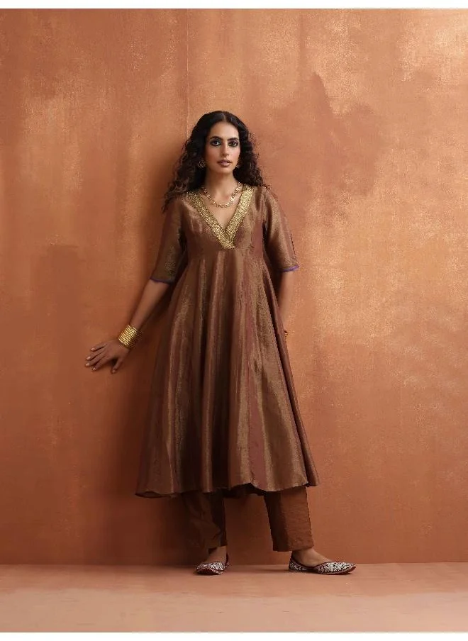 trueBrowns Bronze Tissue Flared Anarkali Kurta Set